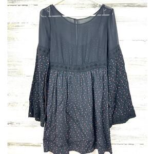 Free People Womens 4 Black Geometric Babydoll Tunic Mini Dress Boho Flare Sleeve